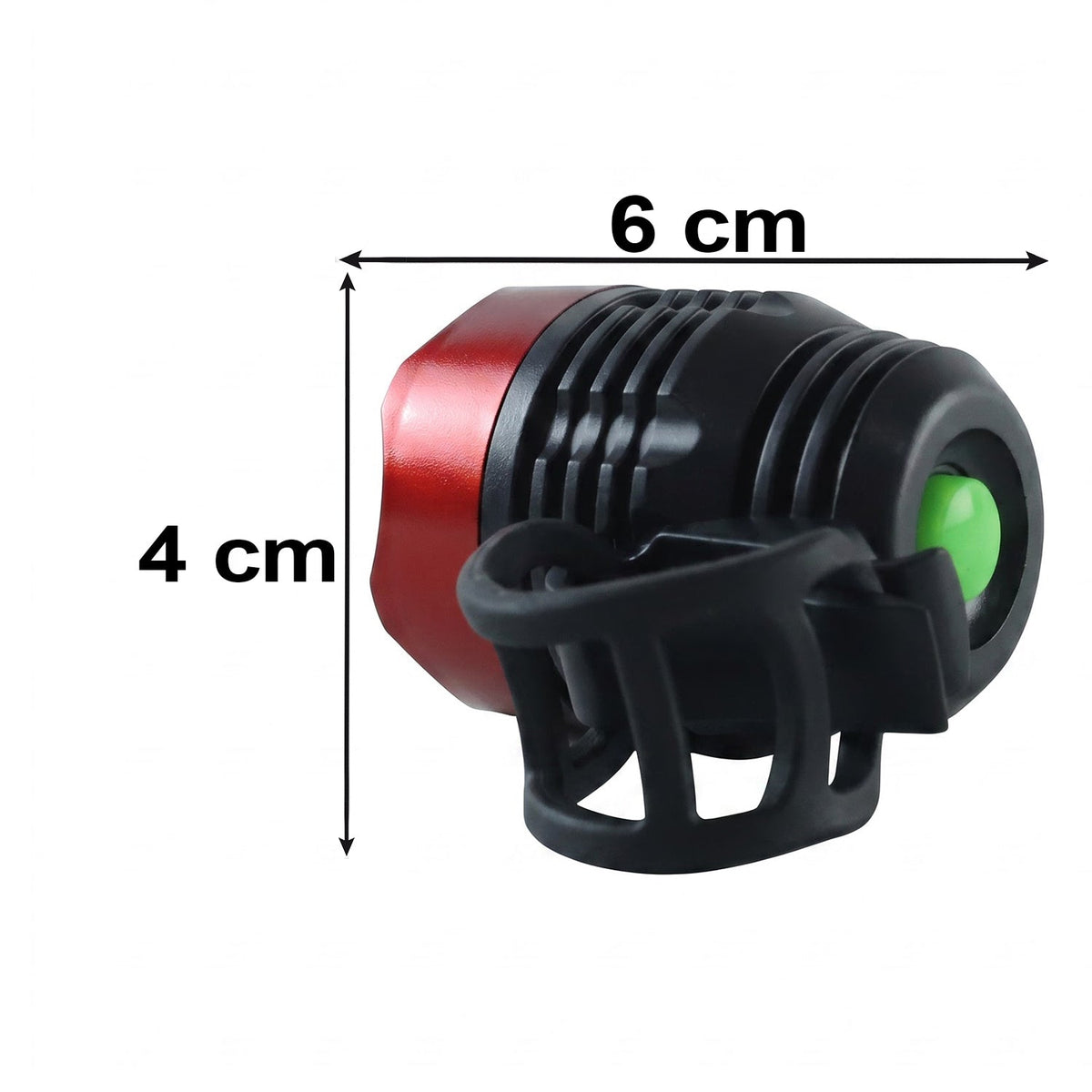A red and black bicycle headlight with a green button and mount, showing dimensions of 6 cm length and 4 cm height.
