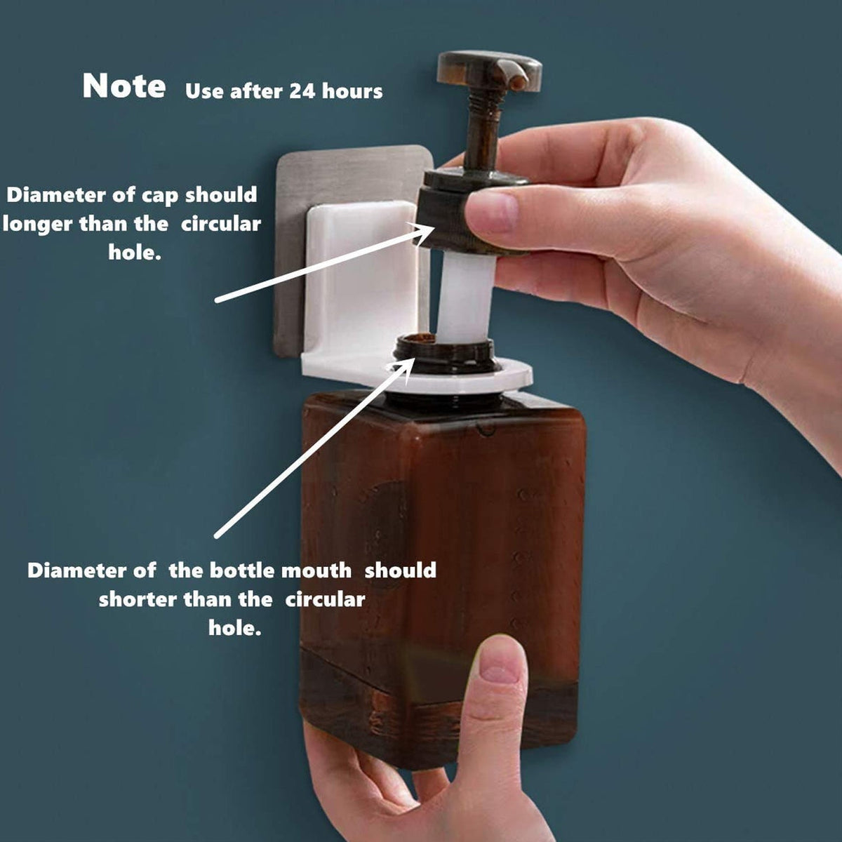 A hand holds a brown bottle being inserted into a wall-mounted holder, with text indicating measurement guidelines.