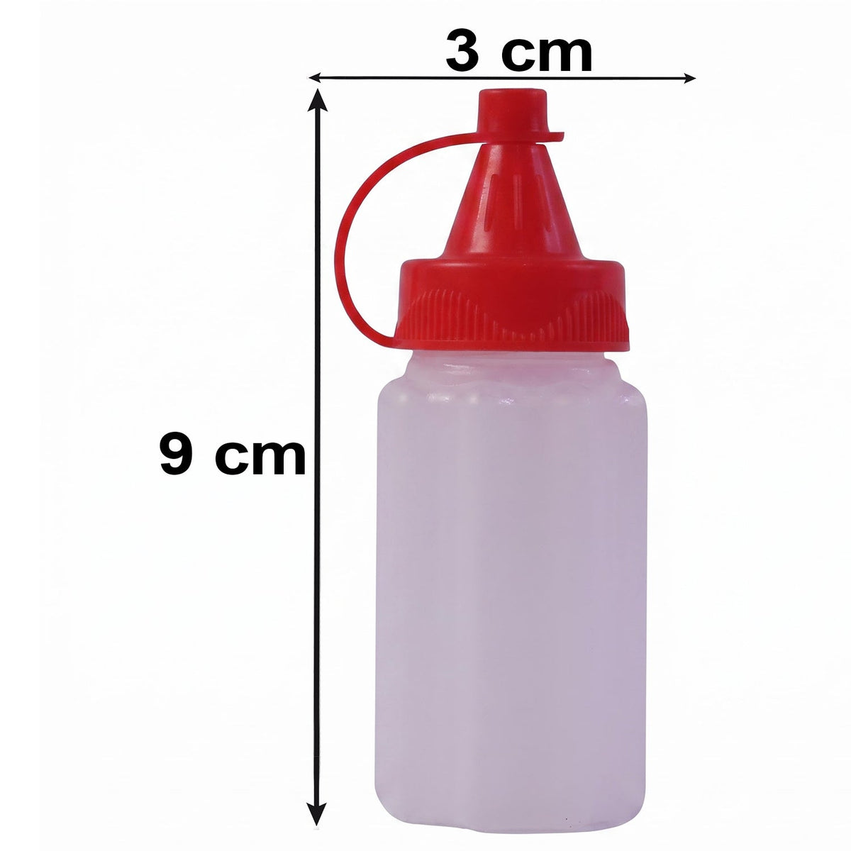 A small, empty, white ribbed plastic squeeze bottle with a red cap shows dimensions of 9 cm height and 3 cm width.