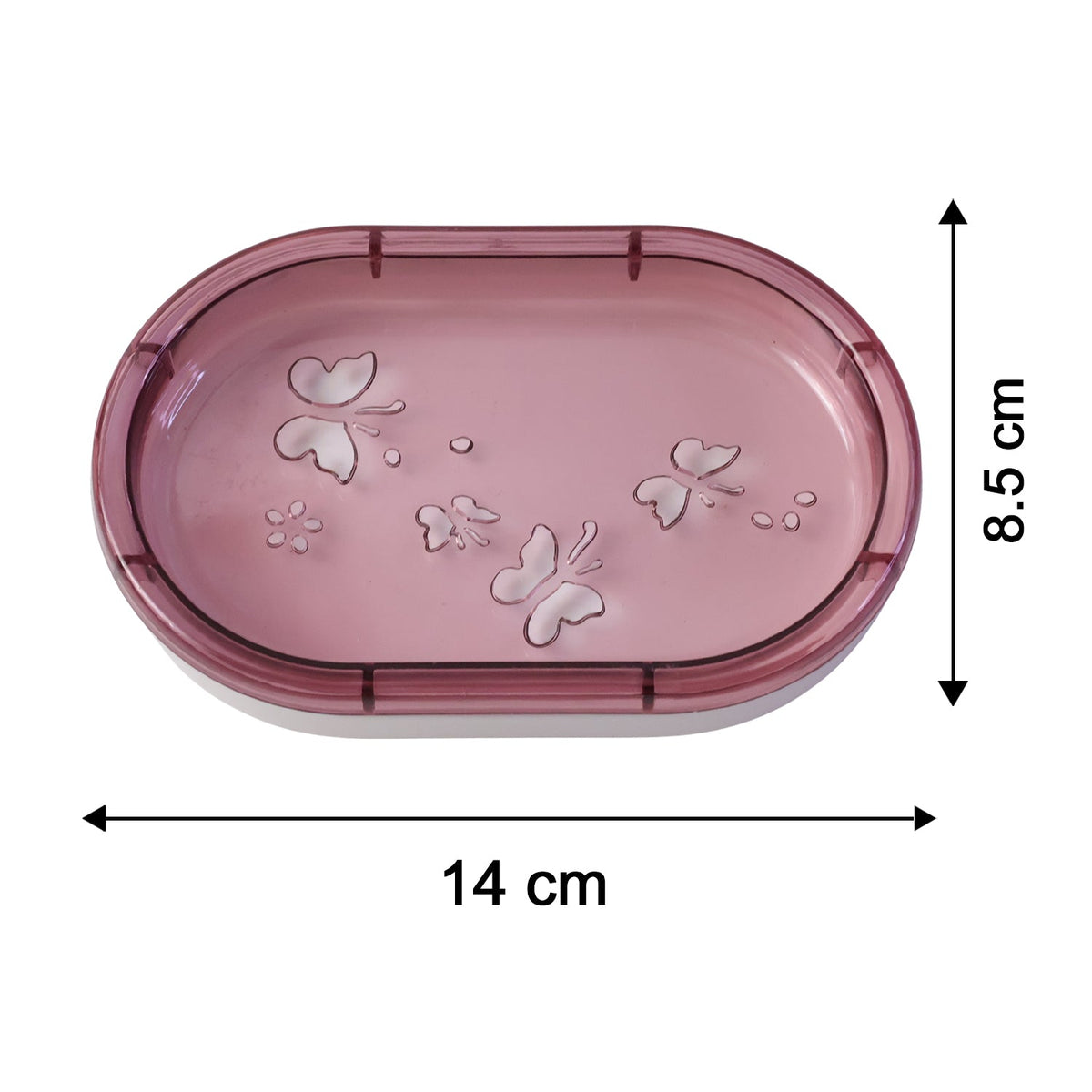 Pink butterfly-patterned soap case with dimensions of 14 cm length and 8.5 cm height indicated.