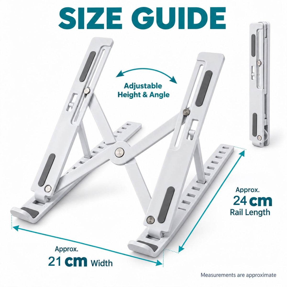 White adjustable laptop stand with dark gray accents, shown with approximate width and rail length measurements.