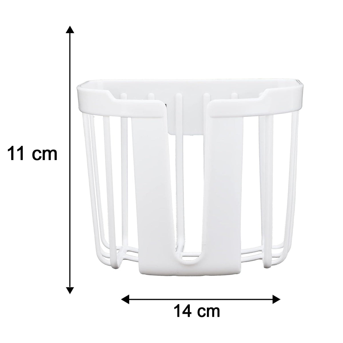 A white plastic toilet paper holder is shown with dimensions: 11 cm height and 14 cm width.