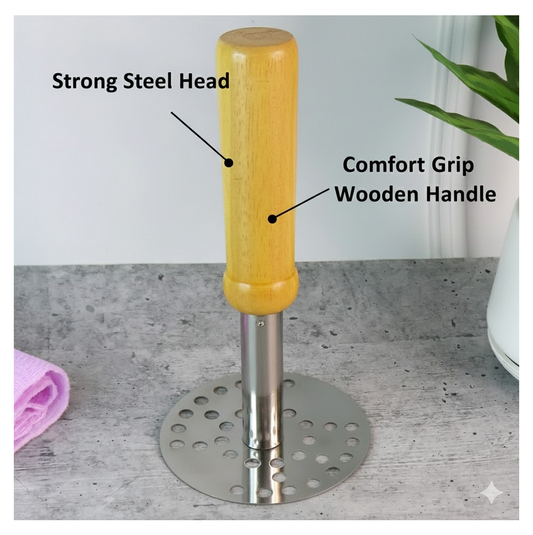 Front view of the durable Stainless Steel Potato Masher by Quickslice.