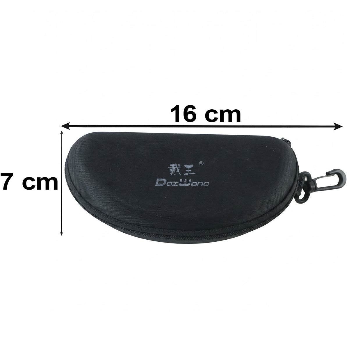 Closed black hard shell sunglasses case with a white logo, clip, and dimensions of 16 cm by 7 cm.