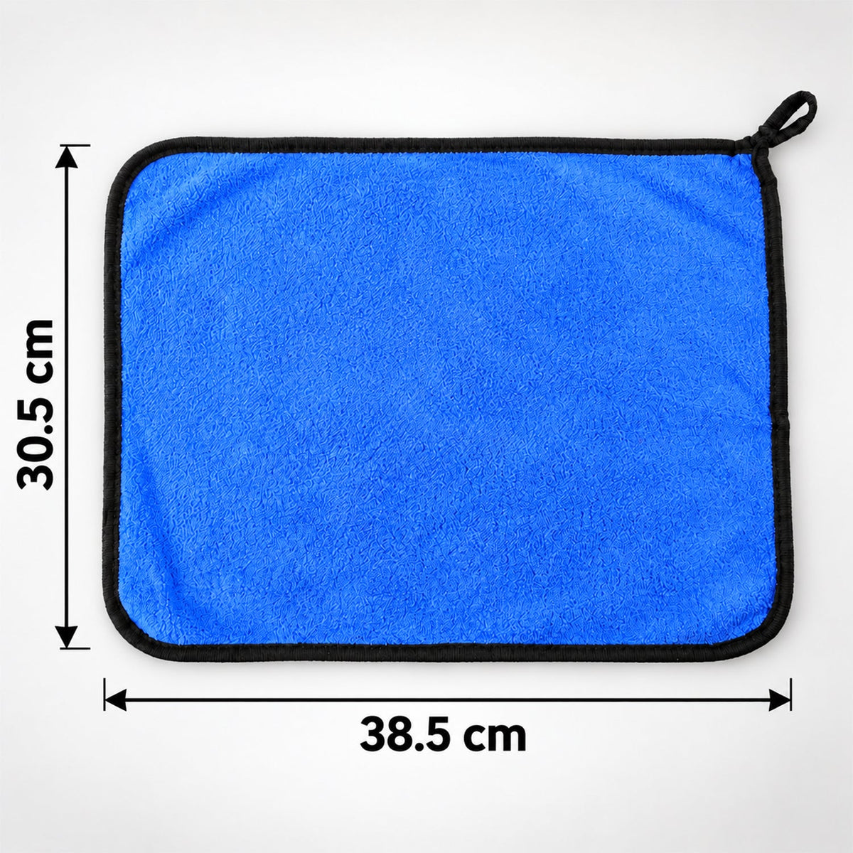 A blue microfiber cleaning cloth with a black border, displayed flat with dimensions of 30.5 cm by 38.5 cm.