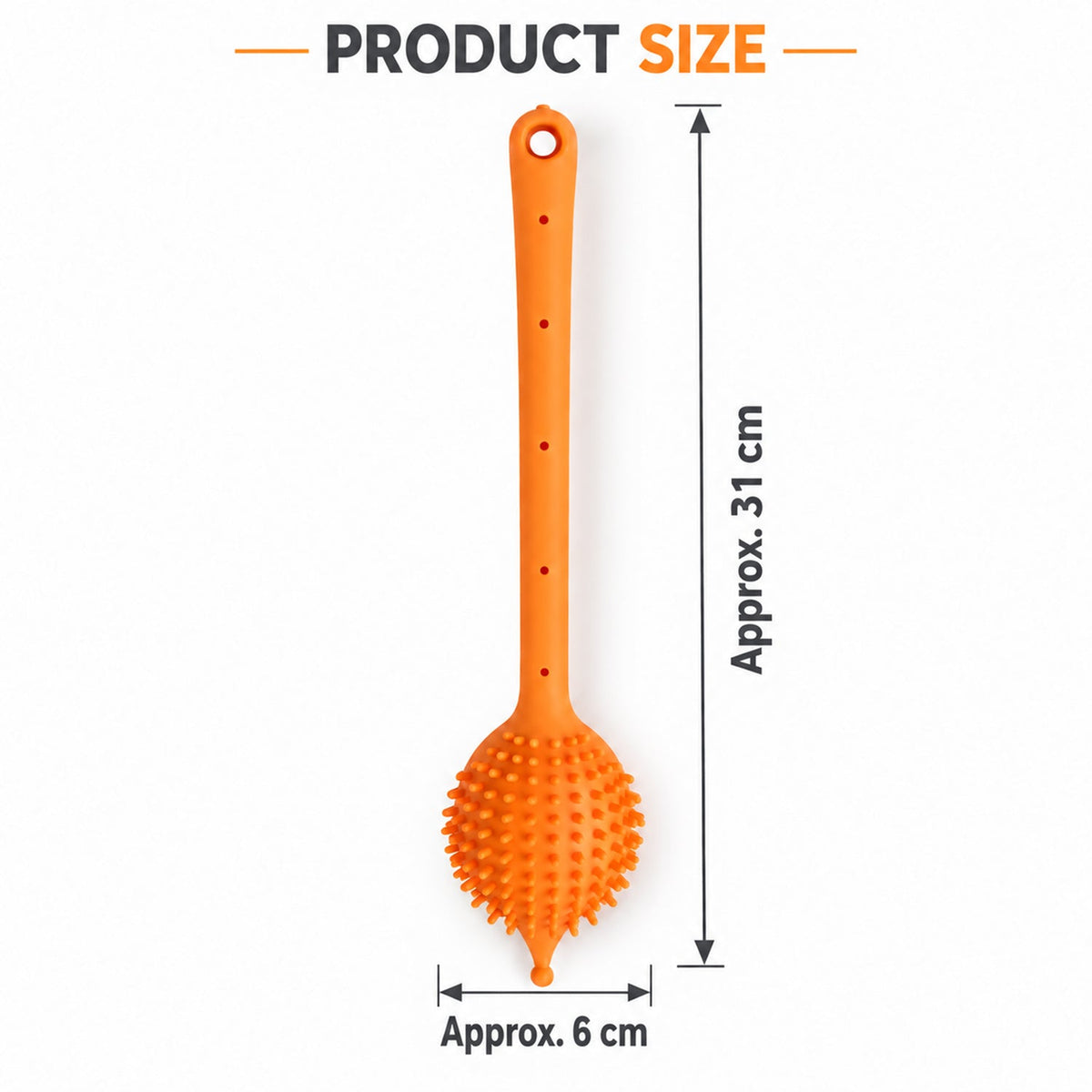 An orange silicone back scrubber with a long handle and textured head, showing its dimensions of 31 cm by 6 cm.