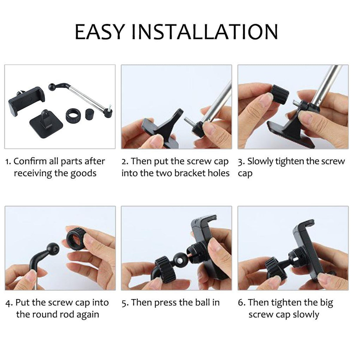 Six-step diagram illustrating the easy installation process of the car phone holder.