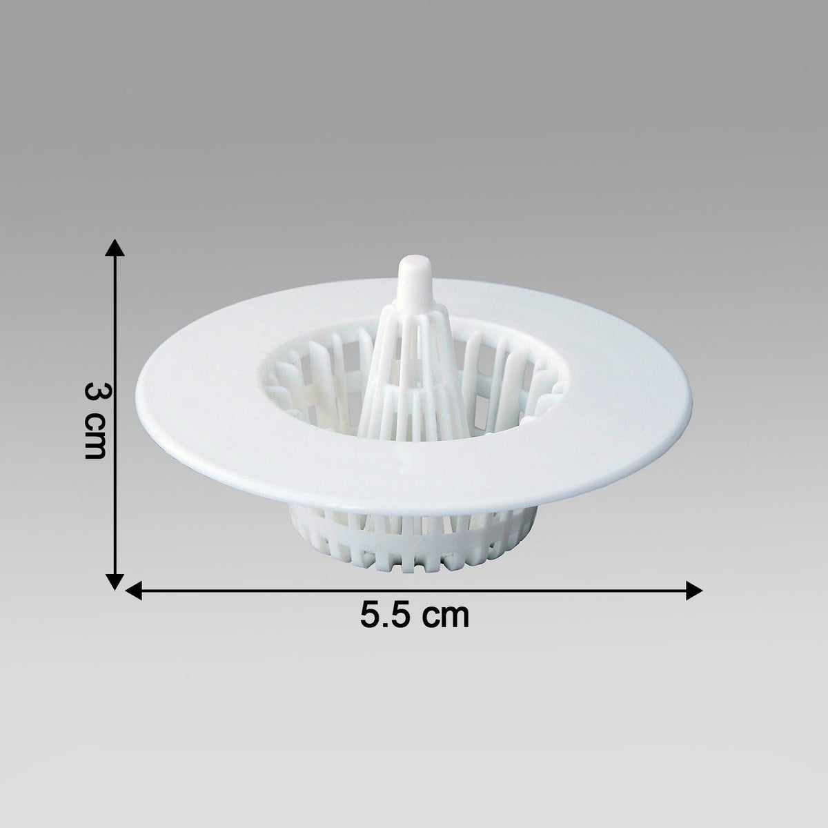 A single white plastic sink drain strainer with dimensions of 3 cm height and 5.5 cm width indicated.