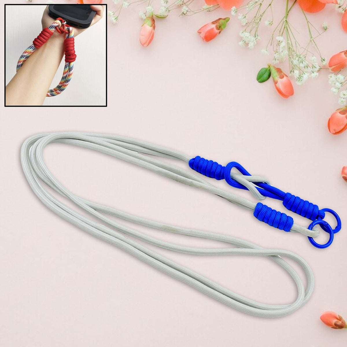 Components of the Universal Phone Lanyard, including the adjustable strap and ultra-thin tether patch.
