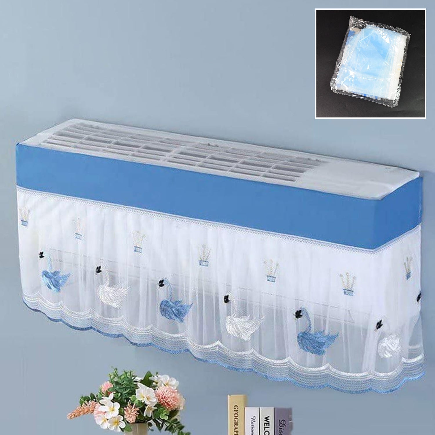 Designer AC dust cover installed on a 1 Ton split AC unit, enhancing home decor.