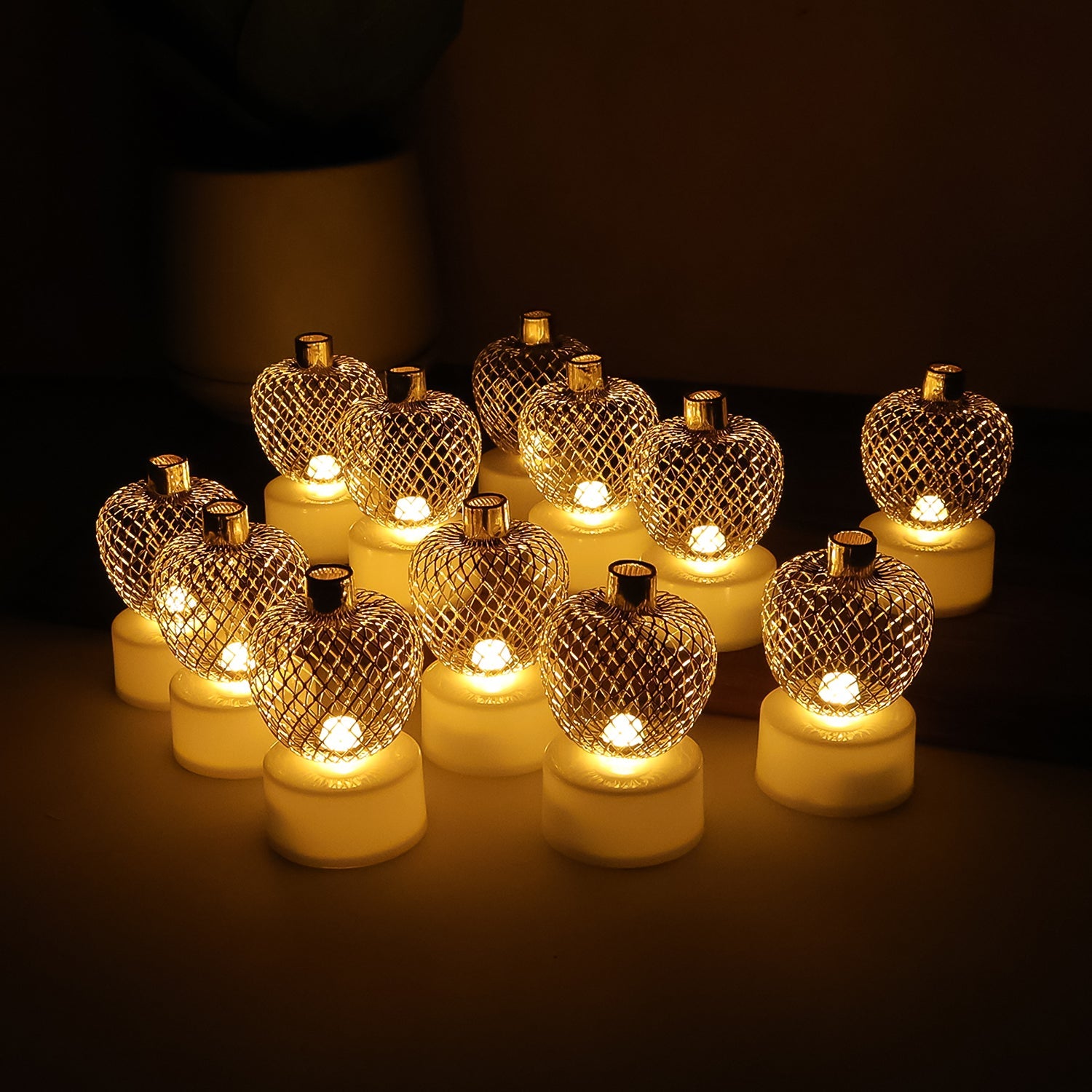 Set of 12 apple shape LED tealight candles with golden mesh cover