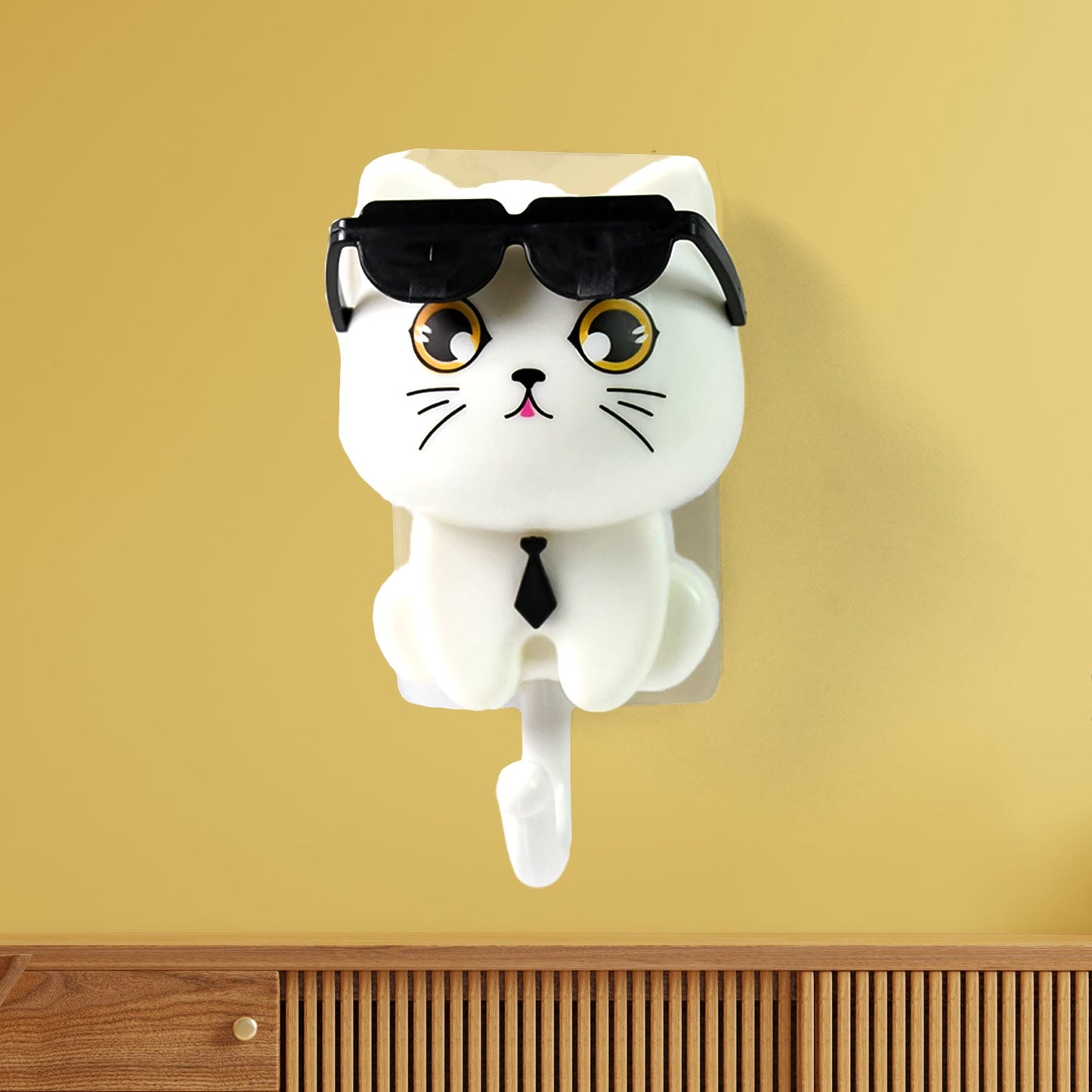 Cat Wall Hook – Cute Sunglasses Design, Self-Adhesive