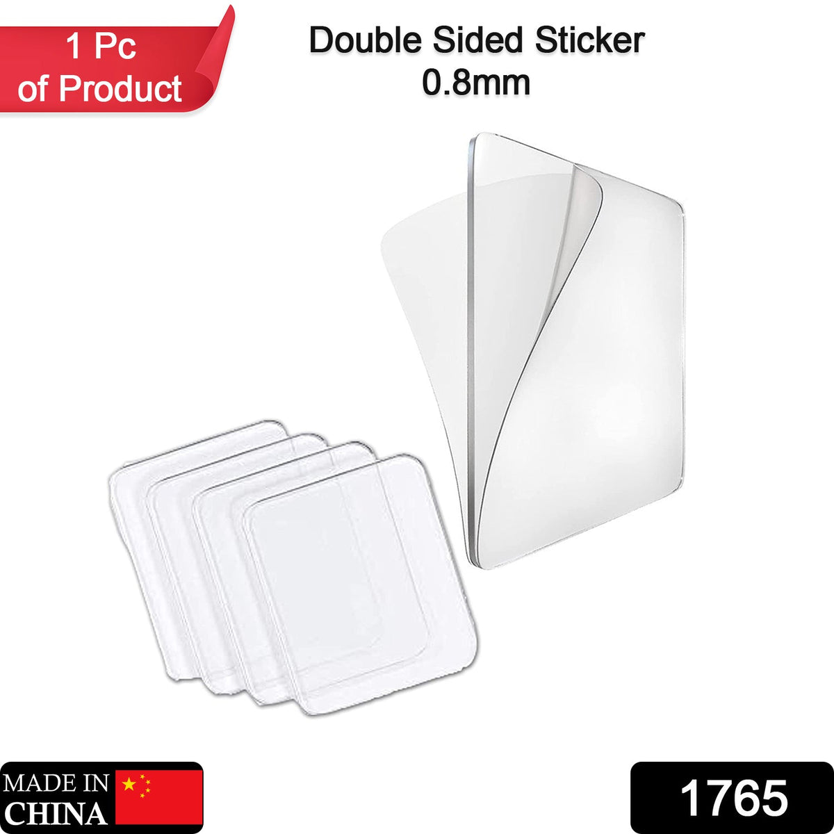Four clear square adhesive stickers are shown, with one peeling up to reveal its double-sided nature.