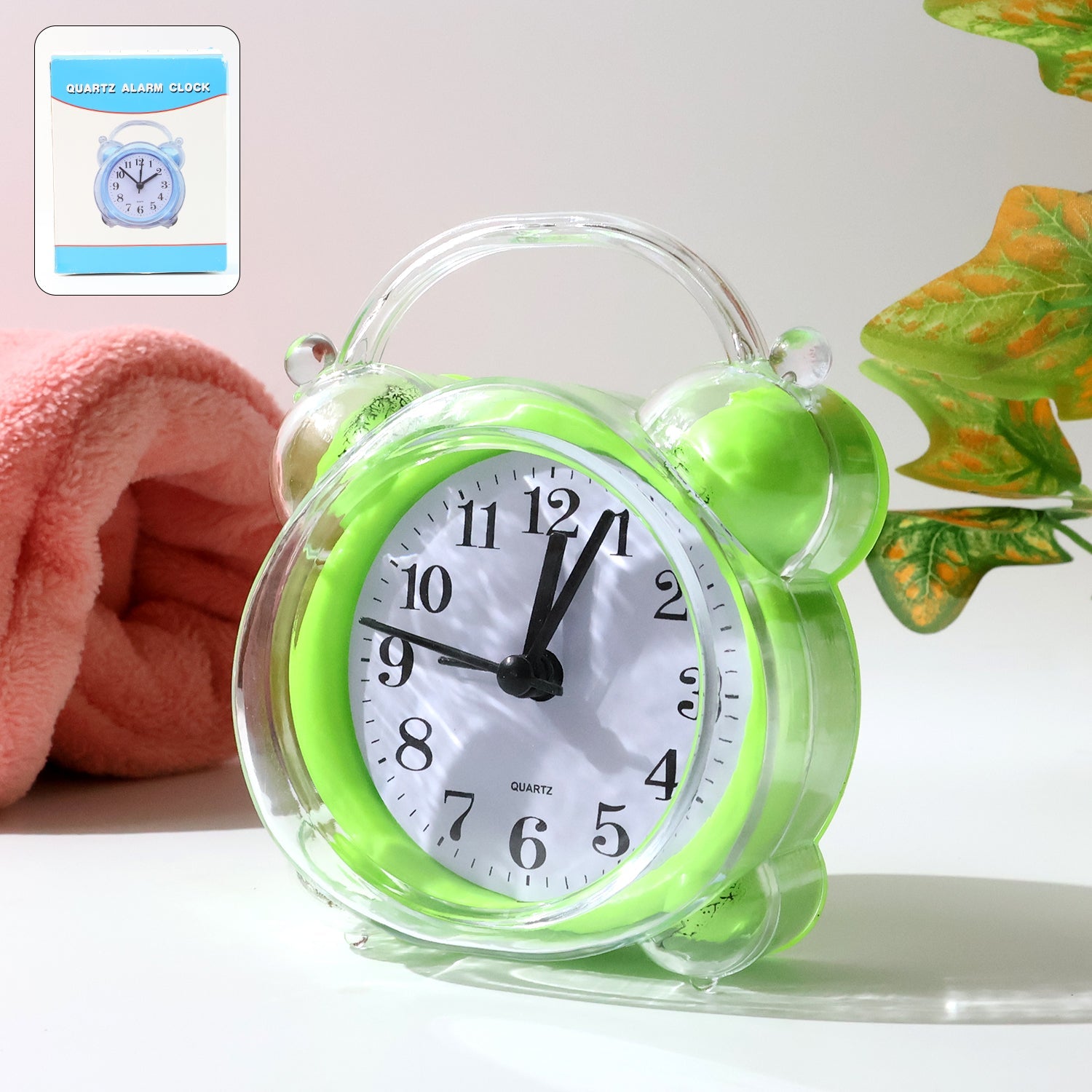 Front view of quartz analog alarm clock with bright green transparent frame