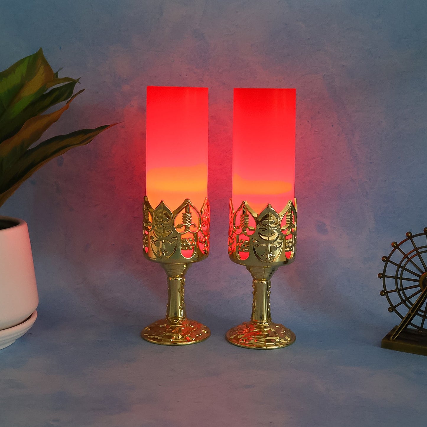 Set of 2 LED candle light lamps with golden stands for home decoration