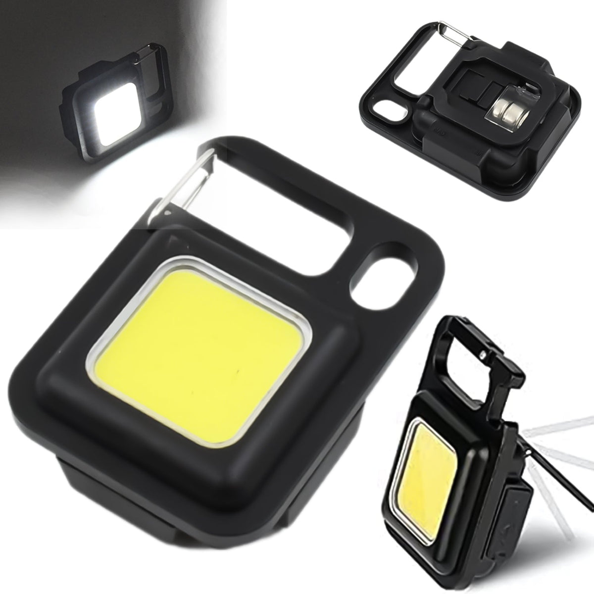 A black mini LED flashlight with a carabiner clip and a bright yellow light, shown with a close-up of its internal battery