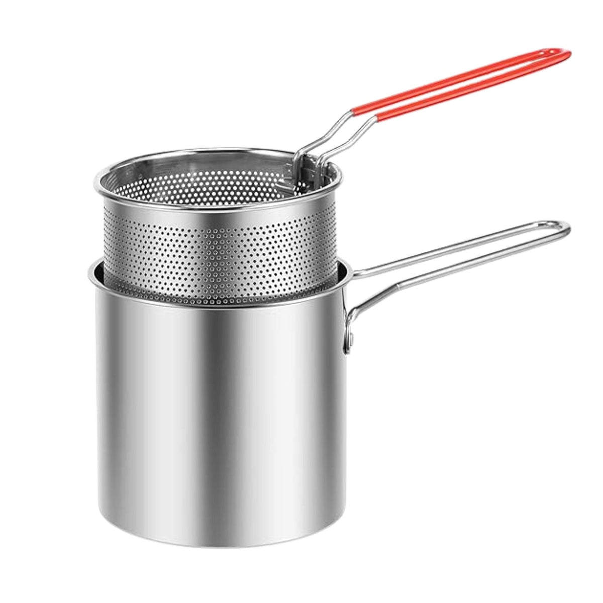 Complete 2-piece deep frying pot set with a stainless steel pot and wire strainer basket.
