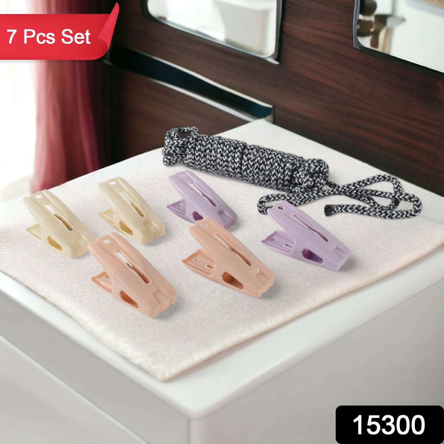 Cloth Drying Rope with Clips – Durable 7-Piece Hanging Set - main product view
