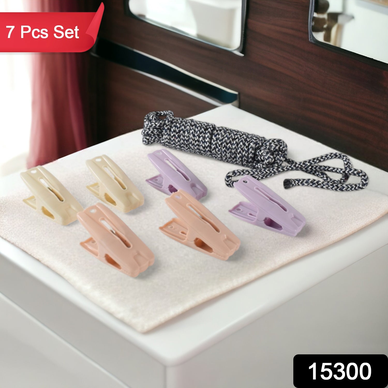 Cloth Drying Rope with Clips – Durable 7-Piece Hanging Set - main product view