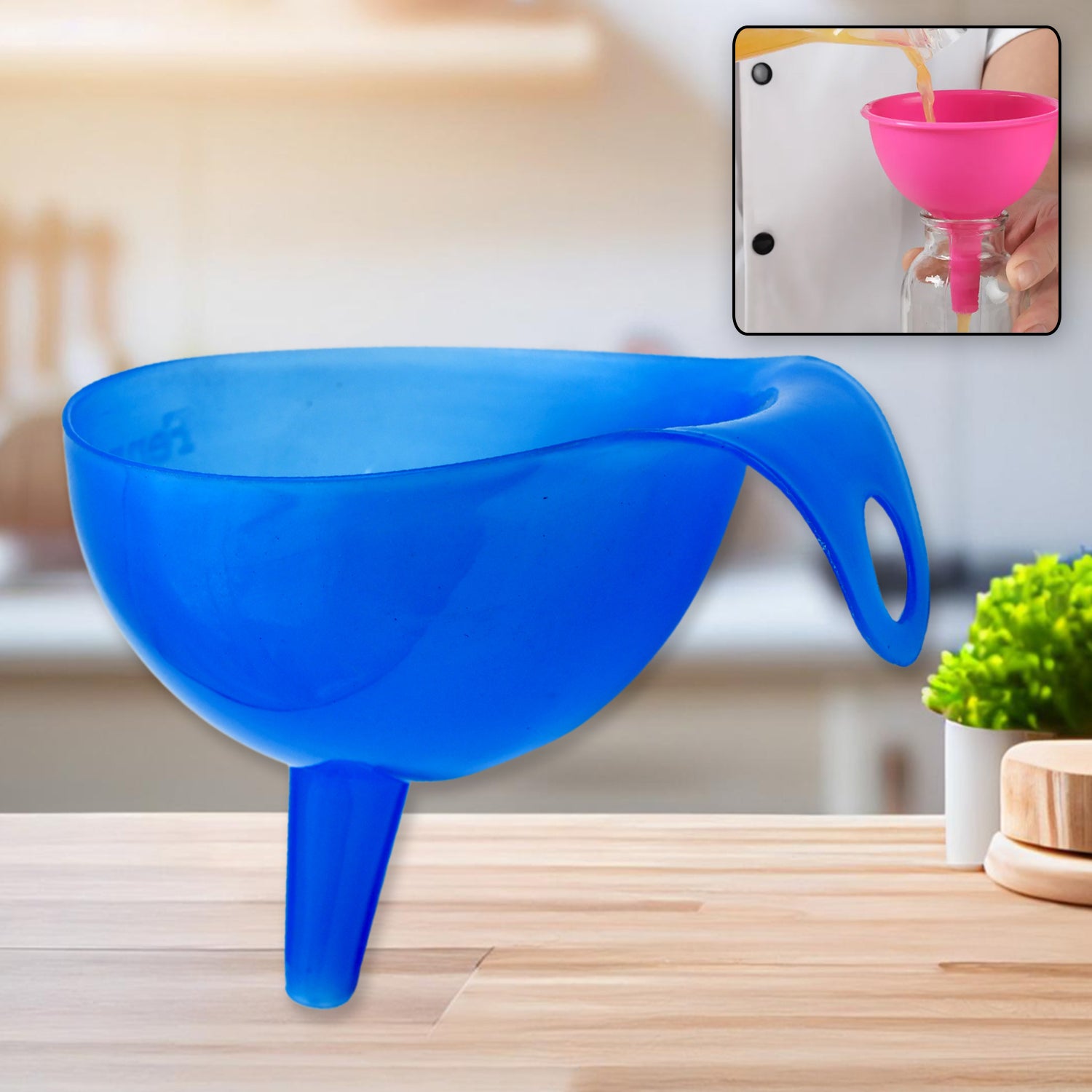 Food grade plastic funnel with a wide mouth for easy pouring in the kitchen.