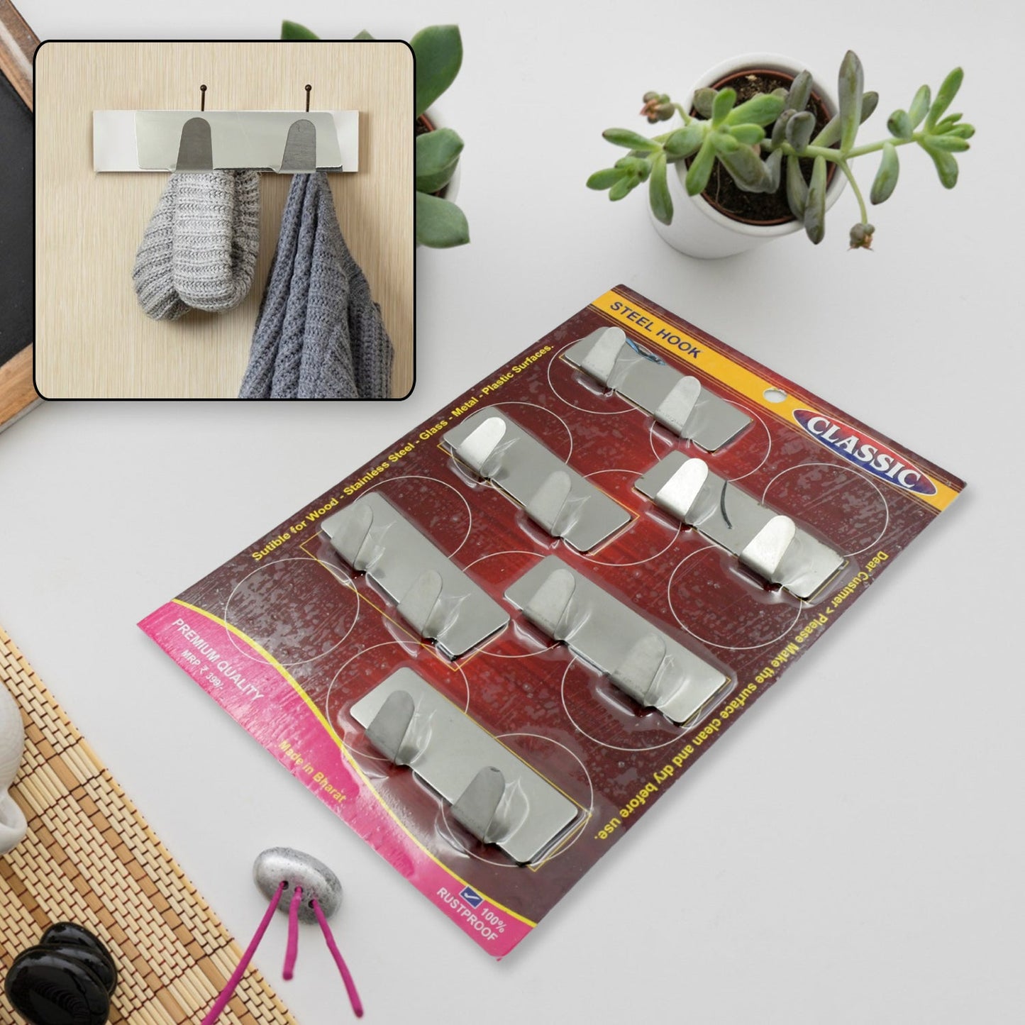 Self-Adhesive Wall Hooks (6 Pcs) – Strong Stainless Steel