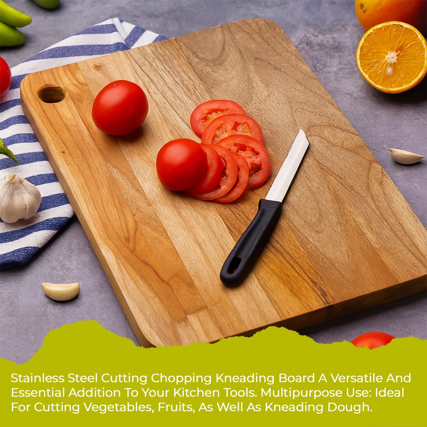 Steel Oak Cutting Board with fresh ingredients on a kitchen counter