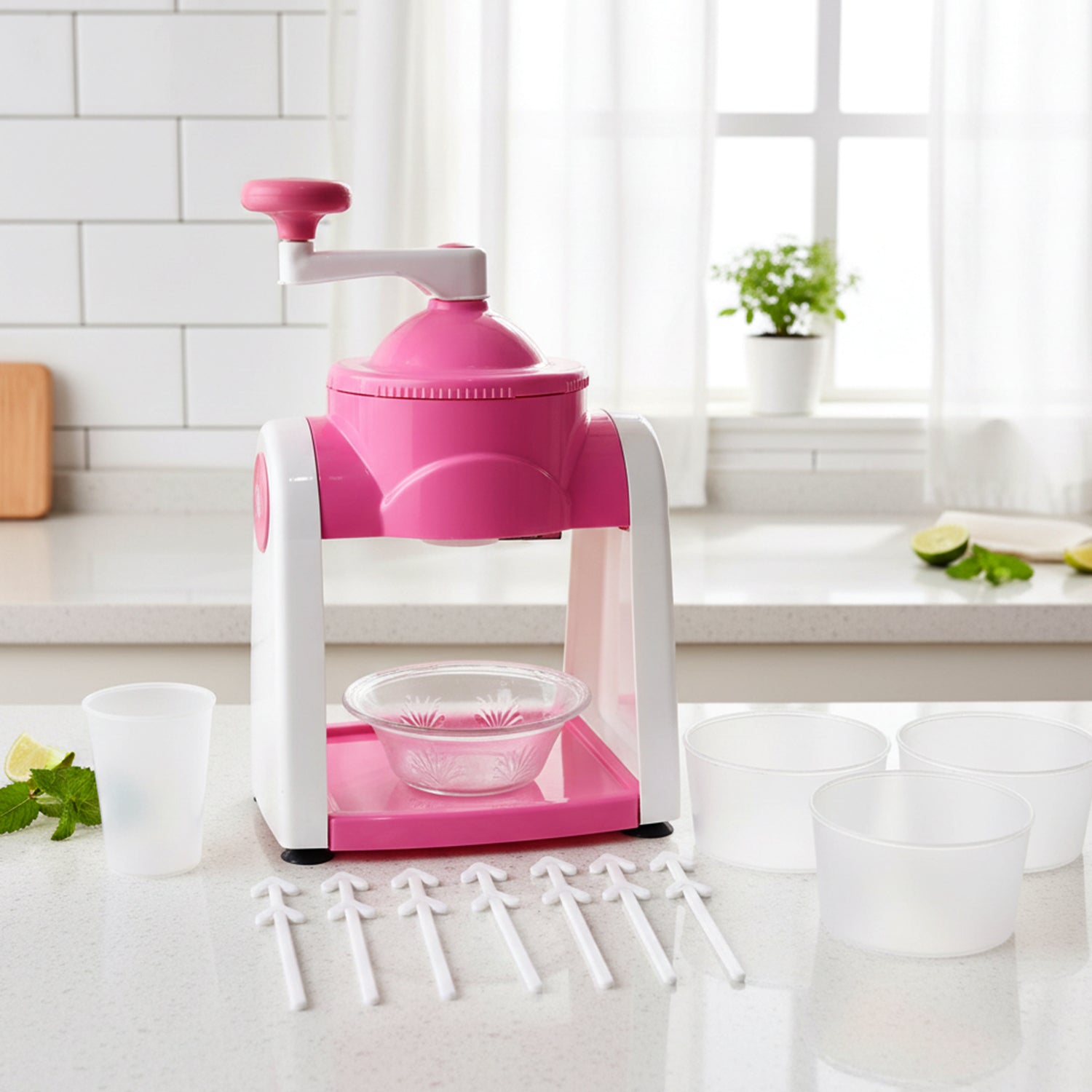 Manual ice crusher machine set in pink color producing shaved ice