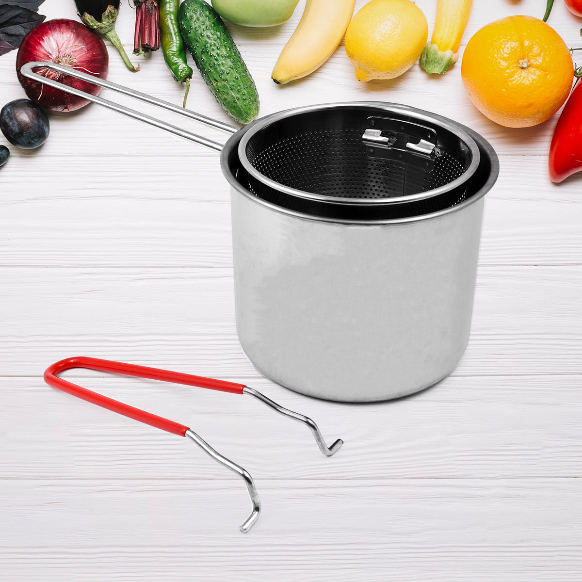 Side view of the deep frying pot featuring its long, ergonomic anti-scalding handle.