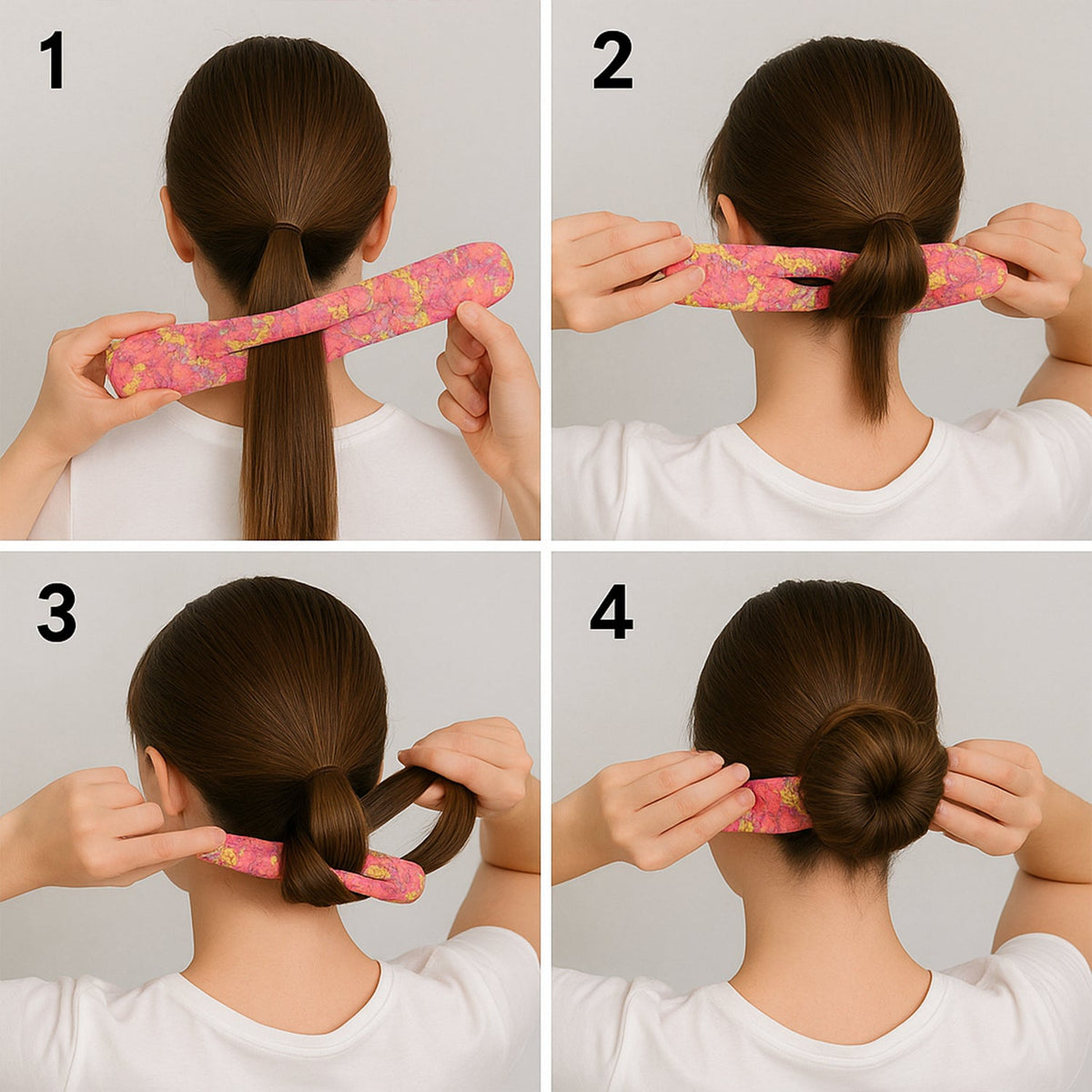 Four-panel image showing steps to use the headband to create a hair bun.