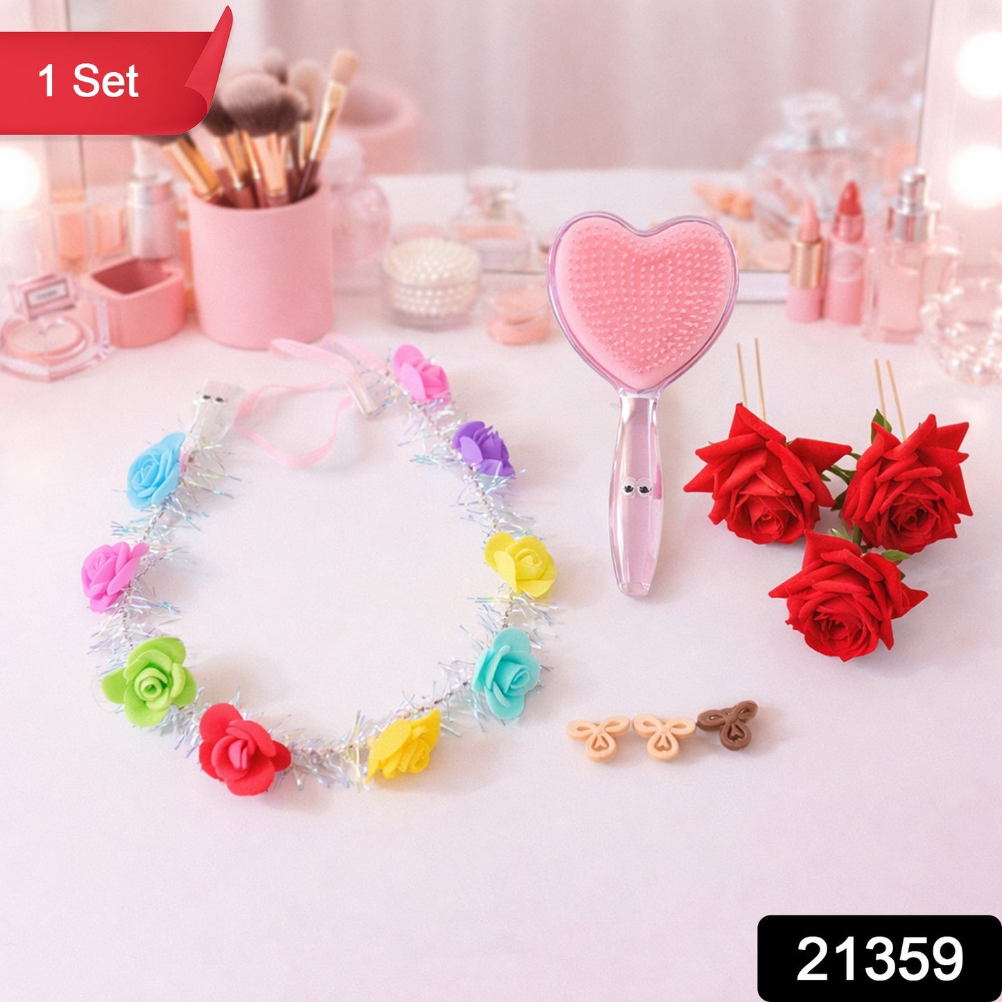 Beauty & Hair Styling Combo Set – Floral Accessories & Detangling Brush