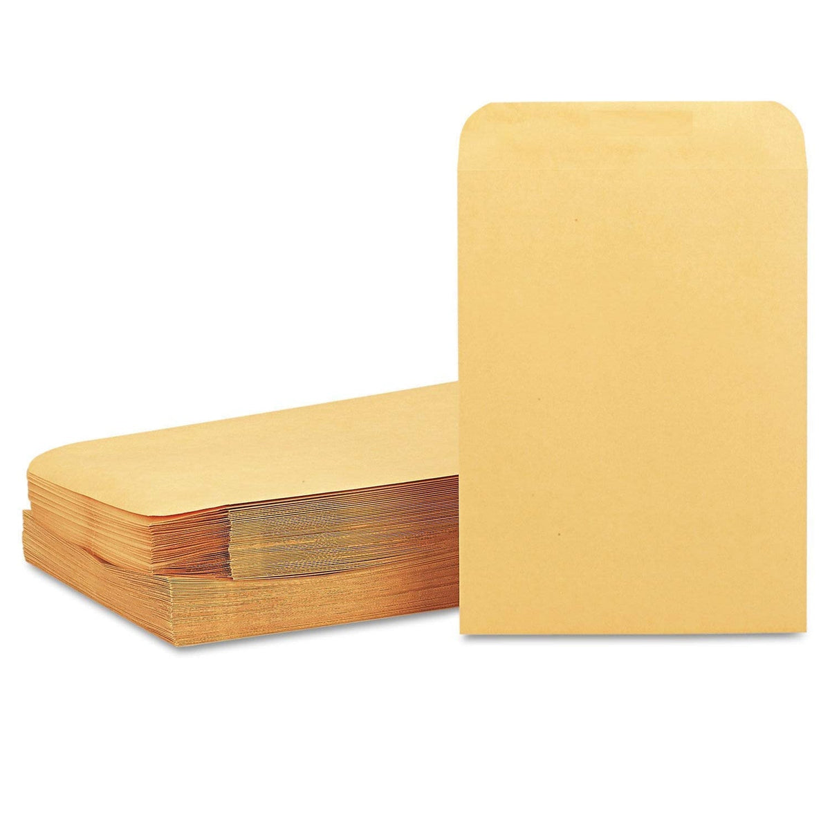 A stack of brown kraft envelopes with rounded flaps, next to a single standing envelope.