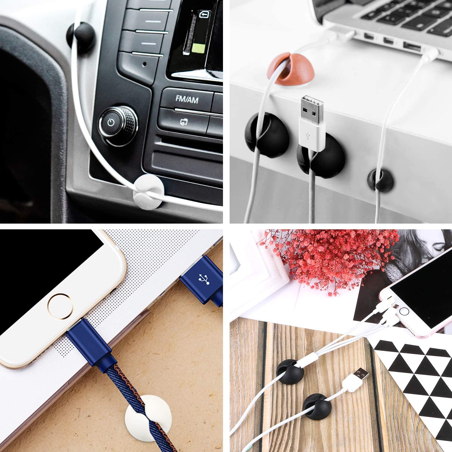 Adhesive cable organizers attached to a table, keeping charging cables accessible.