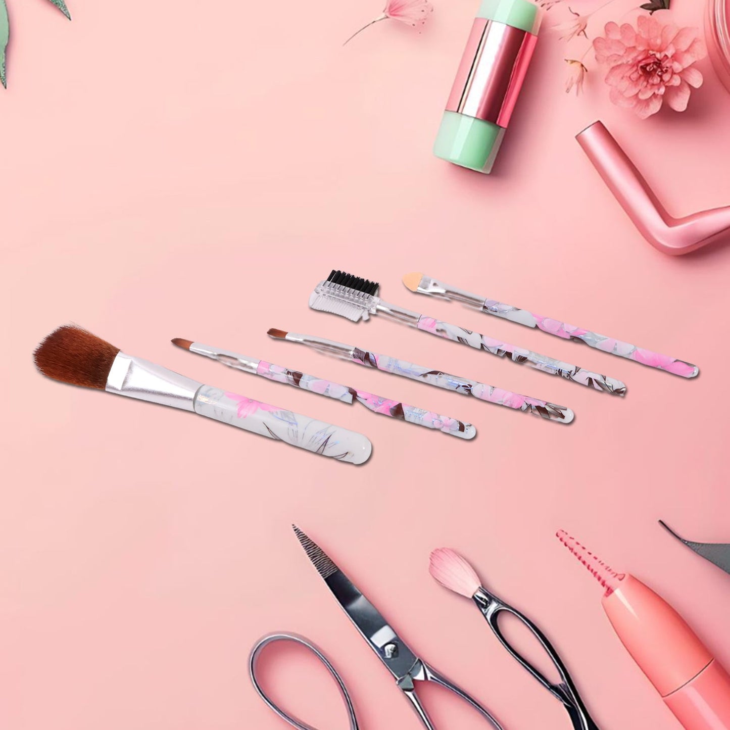 Makeup Brush Set – 5-Piece Floral Face, Eyes & Lips Kit