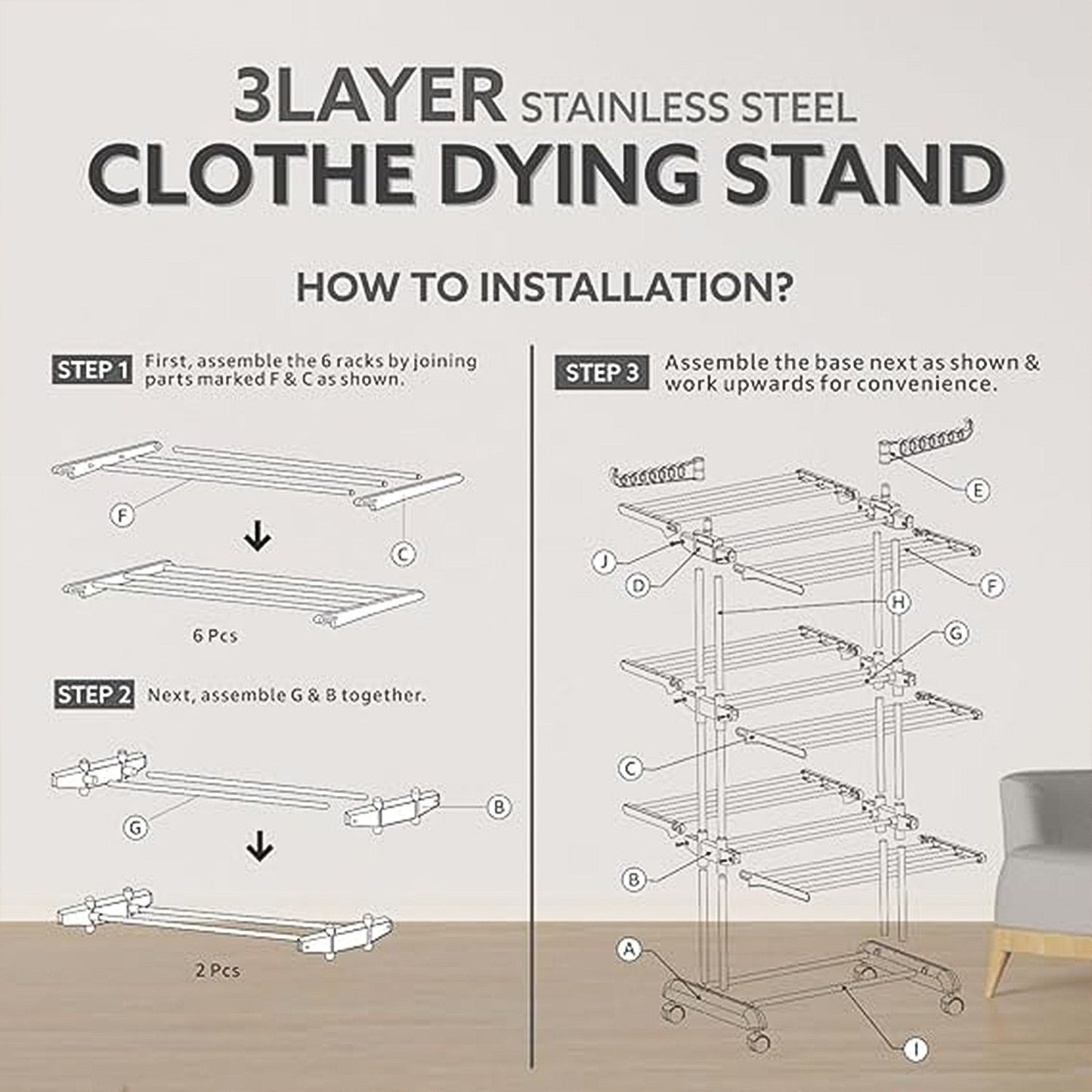 Space-Saving Cloth Drying Stand – 3-Tier Stainless Steel