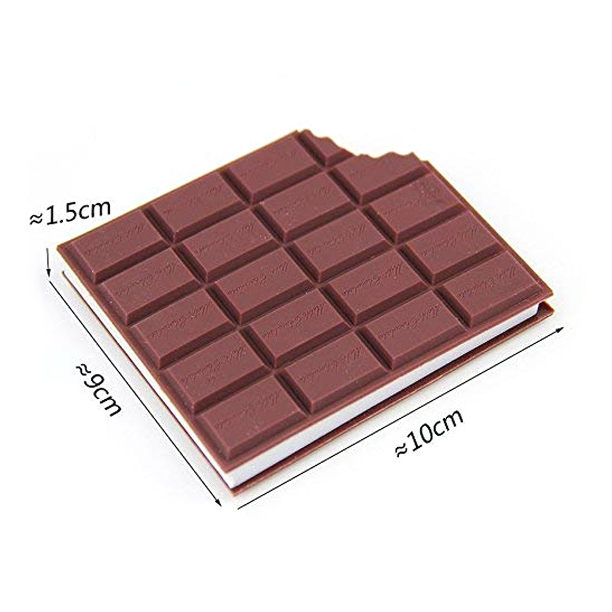 A chocolate bar shaped notebook with approximate dimensions of 1.5cm, 9cm, and 10cm.