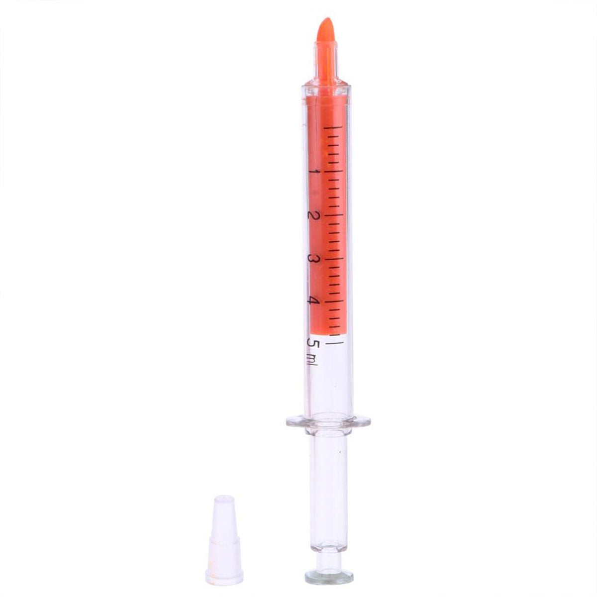 A single orange syringe highlighter with its cap off, standing upright on a white background.