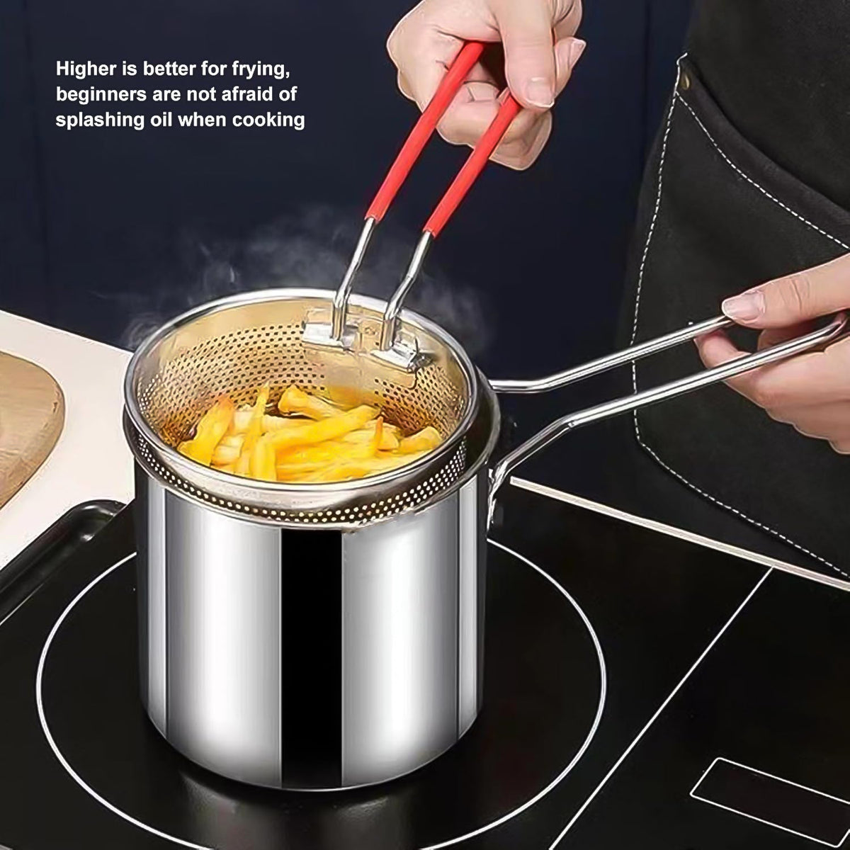 Deep Frying Pot with strainer basket frying crispy golden French fries.