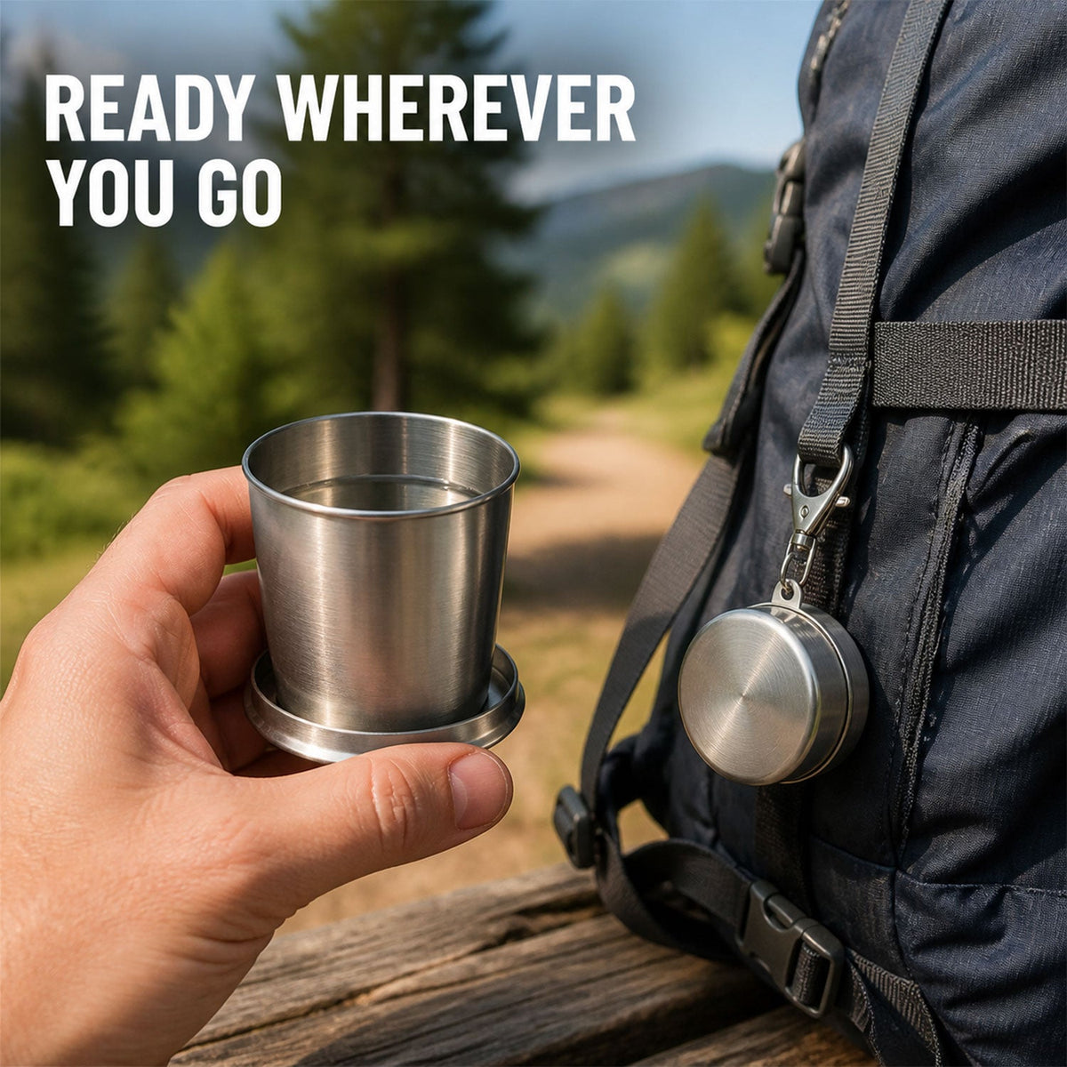 A hand holds an expanded stainless steel collapsible cup with water, next to a backpack with the cup's closed case attached.