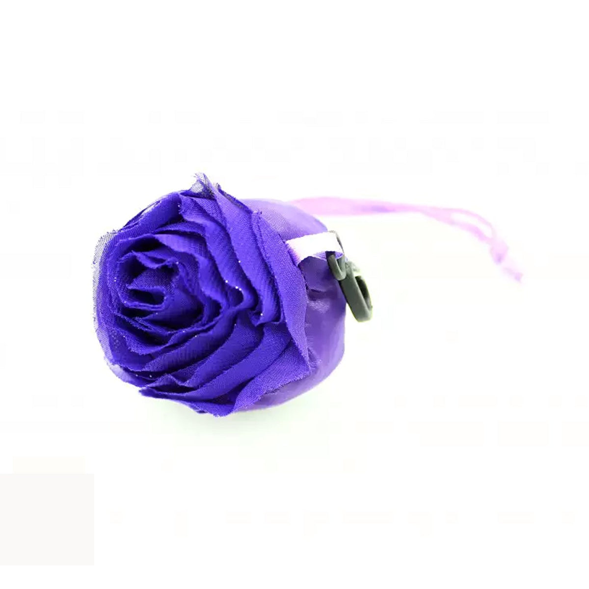The purple foldable shopping bag is shown folded into a compact rose shape with a black clip.