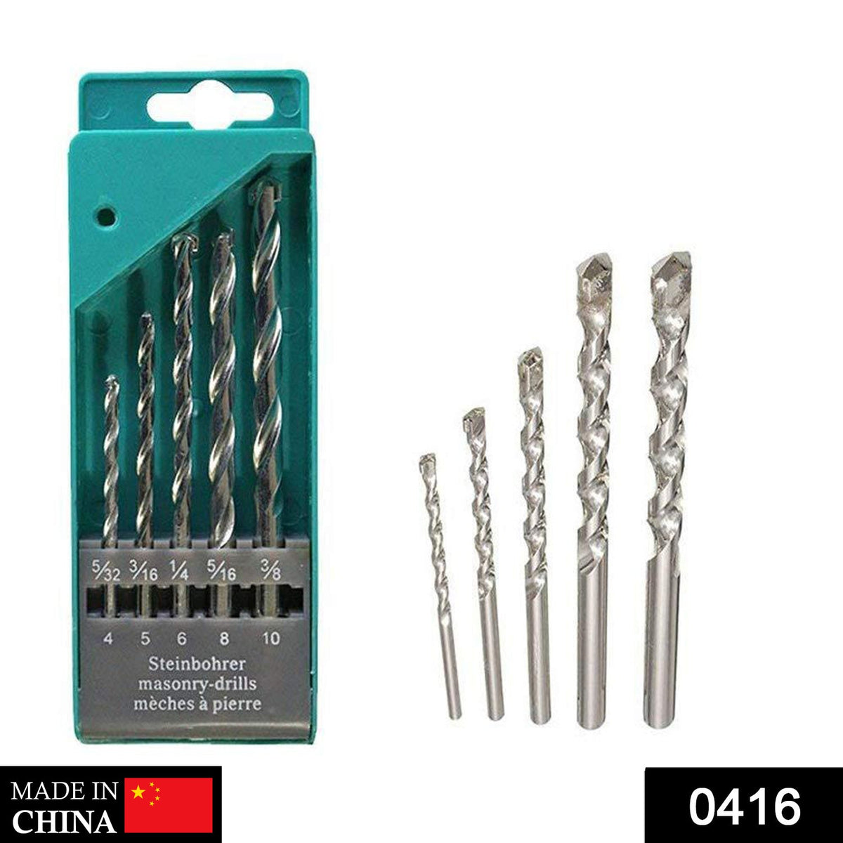 A 5-piece masonry drill bit set in a green case is displayed next to the bits laid out on a white background.