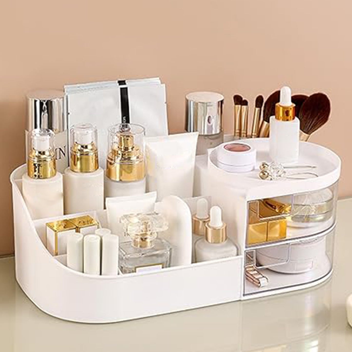 Mess-Free Vanity Organizer with Rotating Tray & Drawers