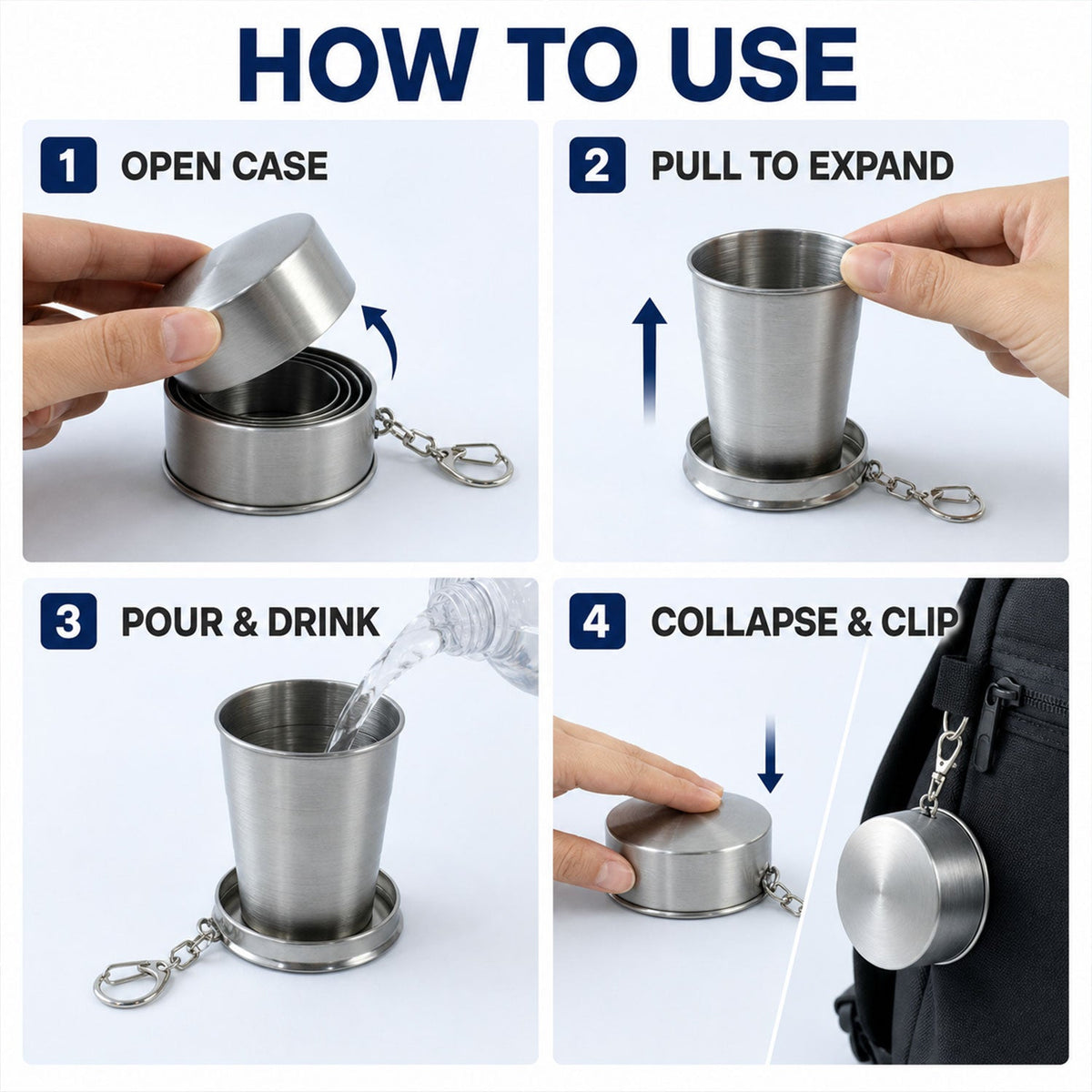 A four-panel graphic illustrating how to open, expand, use, collapse, and clip the stainless steel collapsible cup to a