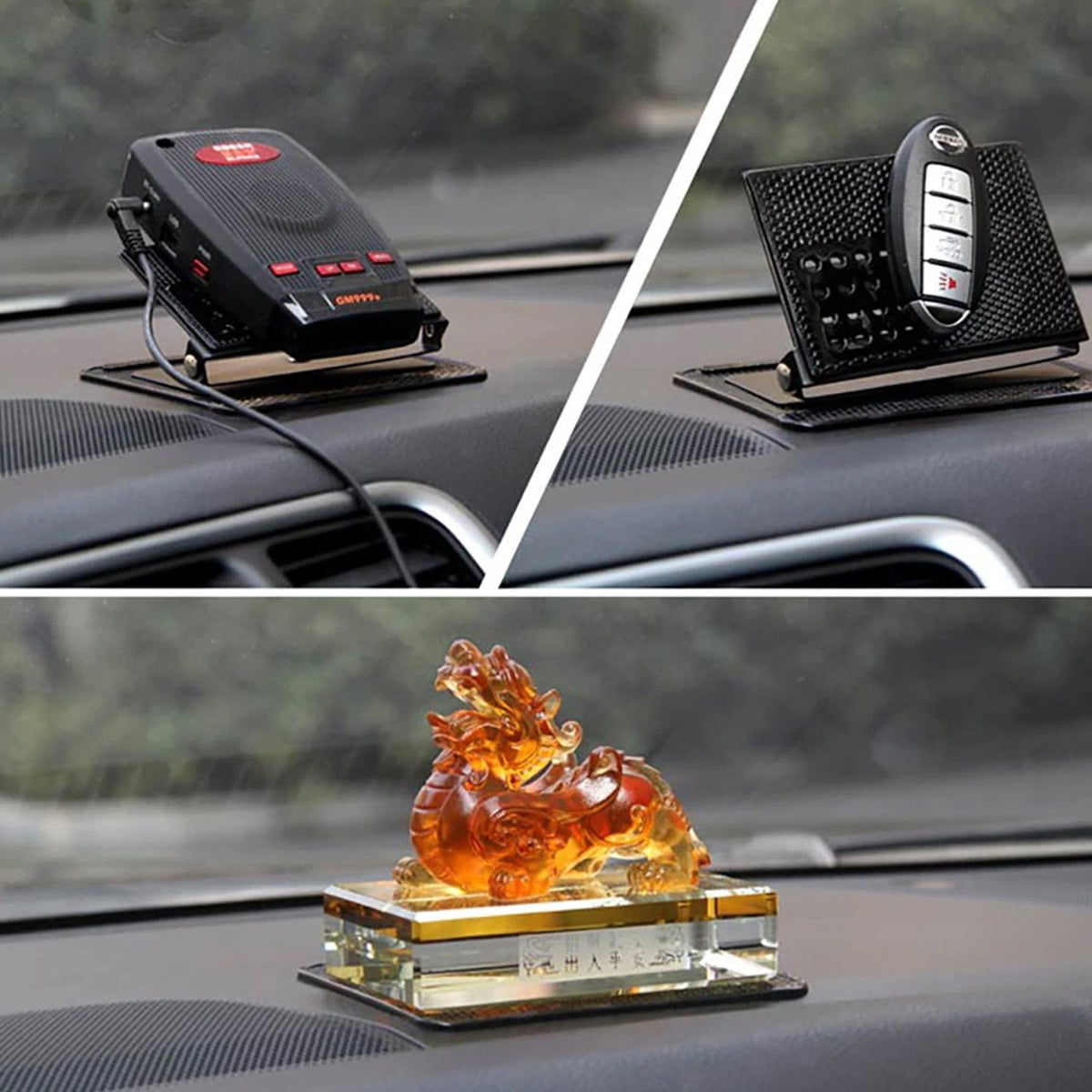 Three separate views of the anti-skid mat in use, holding a radar detector, car key, and a decorative dragon statue.