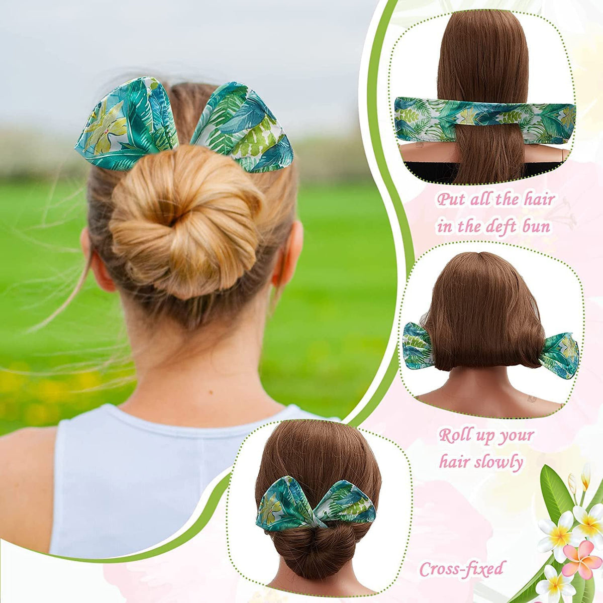 Three insets showing how to use a green tropical print headband to create a hair bun.