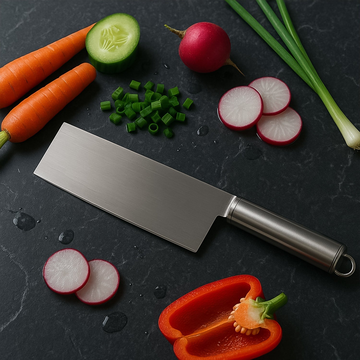 Close-up of stainless steel cleaver blade showcasing sharp edge
