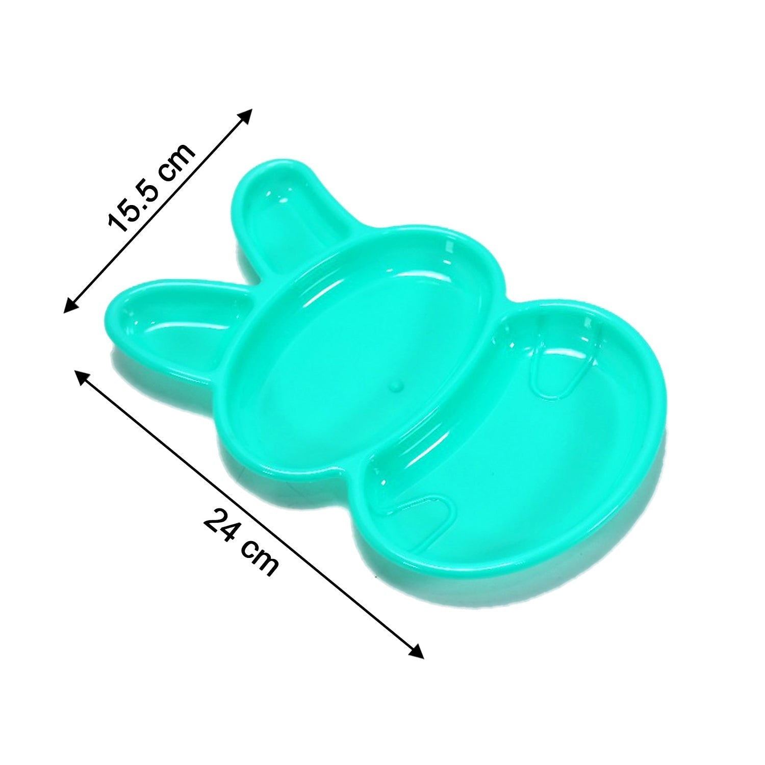 Brightly colored unbreakable rabbit plates, ideal for kids' meals.