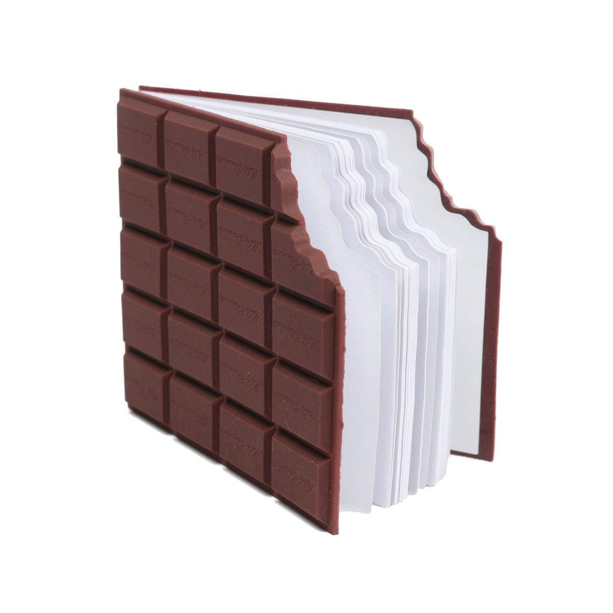 A chocolate bar shaped notebook standing upright, showing its textured cover and white pages.