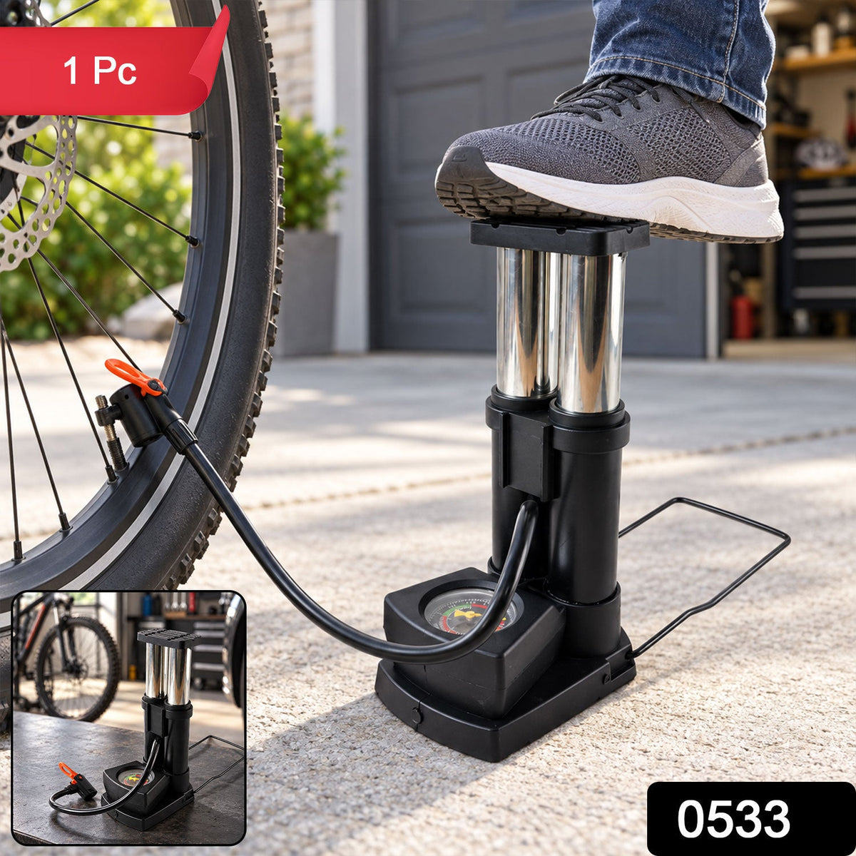 Mini Bike Pump – Portable Foot Operated with Gauge - view 2