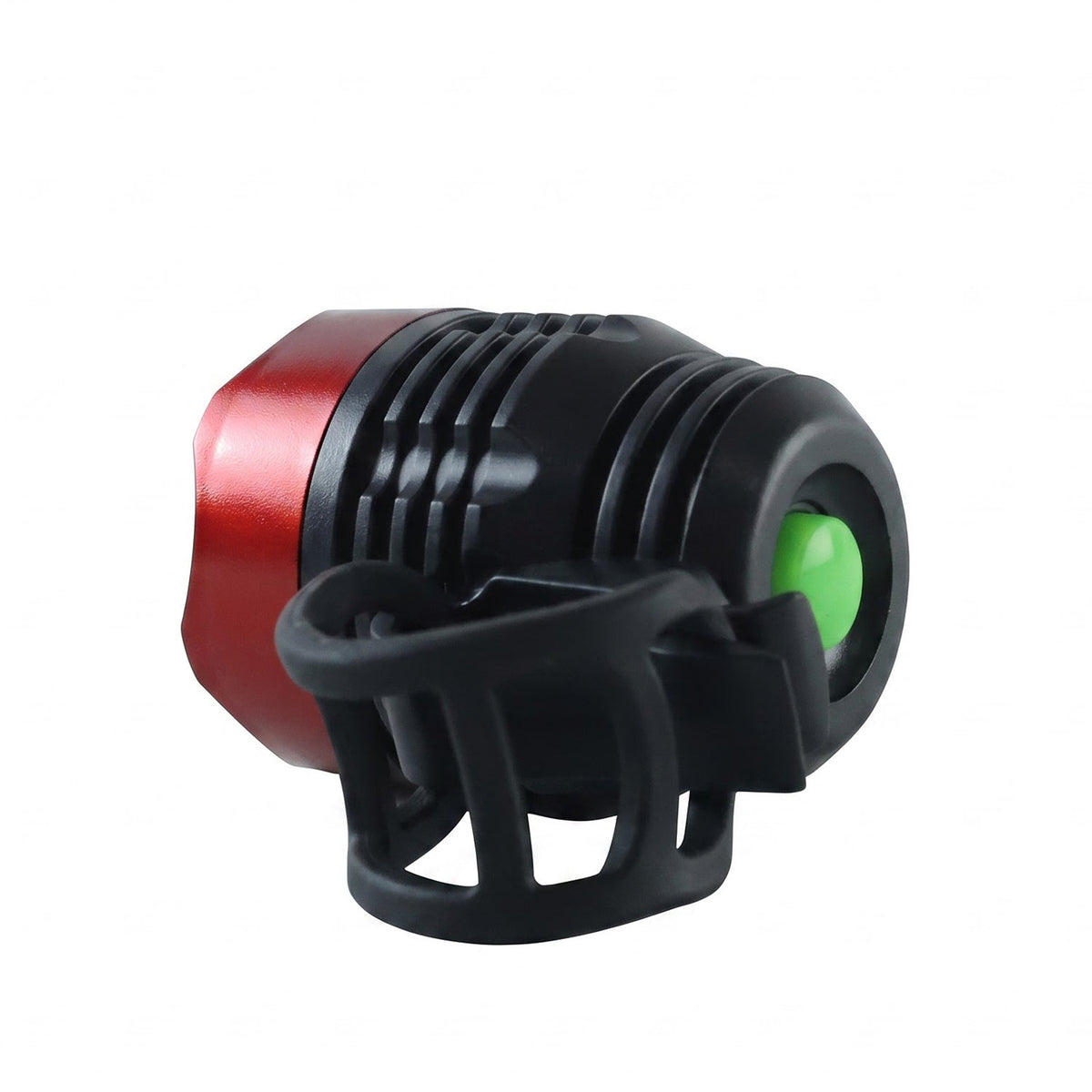 A red and black bicycle headlight with a green button and black rubber mount on a white background.
