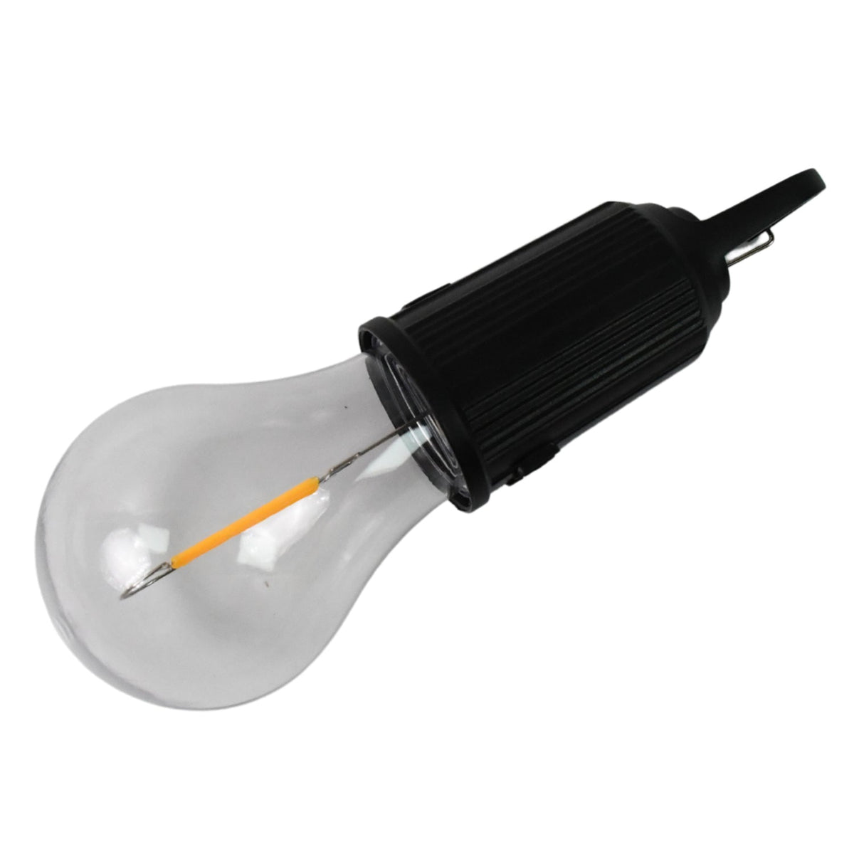A clear LED bulb with a black top and hook is shown on a white background.